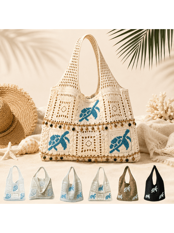 Sightor Crochet Tote Bag, Large Capacity Summer Beach Tote for Women, Lightweight Foldable Knit Bag with Shell Design, Casual Travel Shopping Handbag
