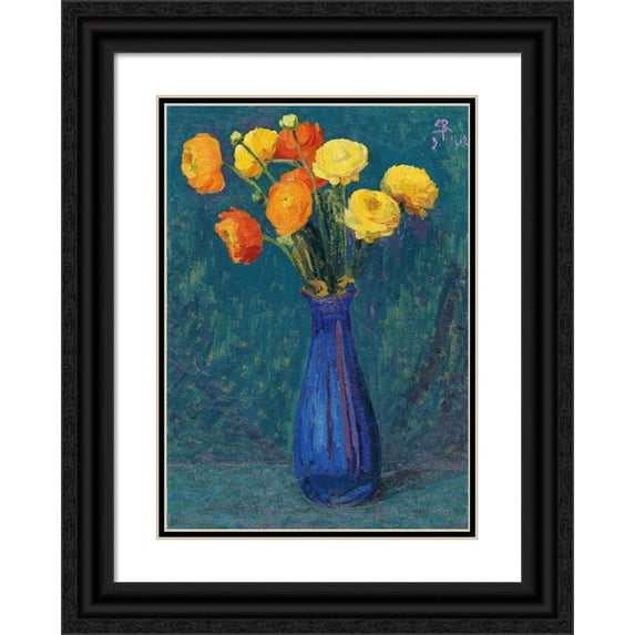 Sigismund Righini 18x24 Black Ornate Framed Double Matted Museum Art Print Titled: Anemones in Blue Vase (1912)