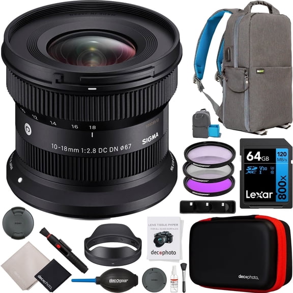 Sigma 10-18mm F2.8 DC DN Contemporary APS-C Format Zoom Lens for Canon RF-Mount Mirrorless Cameras 207972 Bundle with Deco Gear Photography Backpack + UV / Polarizer / FLD Filter Kit + Accessories
