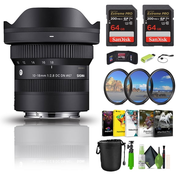 Sigma 10-18mm f/2.8 DC DN Contemporary Lens Compatible with Sony E Bundle With 2x Extreme PRO 64GB Memory Card + Vlogging Tripod + Photo, Video, & Art Suite Deluxe + More Accessories