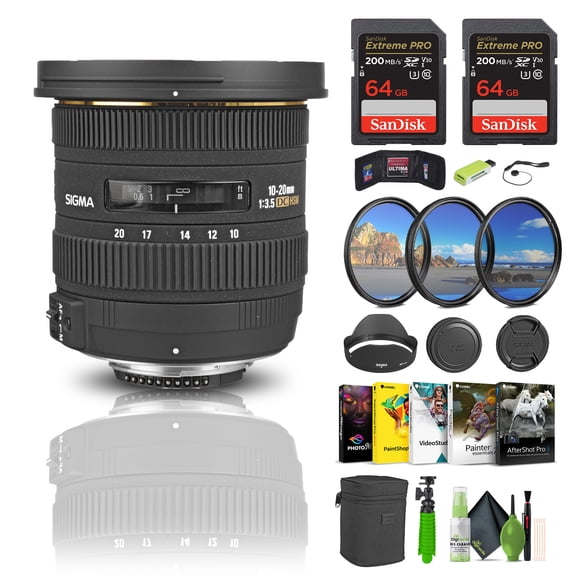 Sigma 10-20mm F/3.5 EX DC HSM Lens Compatible with Nikon F Bundle with 2x Extreme PRO 64GB Memory Card + Vlogging Tripod + Memory Card Wallet + Lens Case and More Accessories