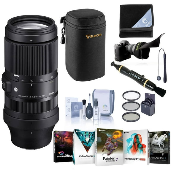 Sigma 100-400mm f/5-6.3 DG DN OS Contemporary Lens for L Mount, Bundle with 67mm Filter Kit, PC Software Kit, Cleaning Kit, Lens Wrap, Flex Lens Shade, Lens Cap Tether, Cleaner, Lens Pouch