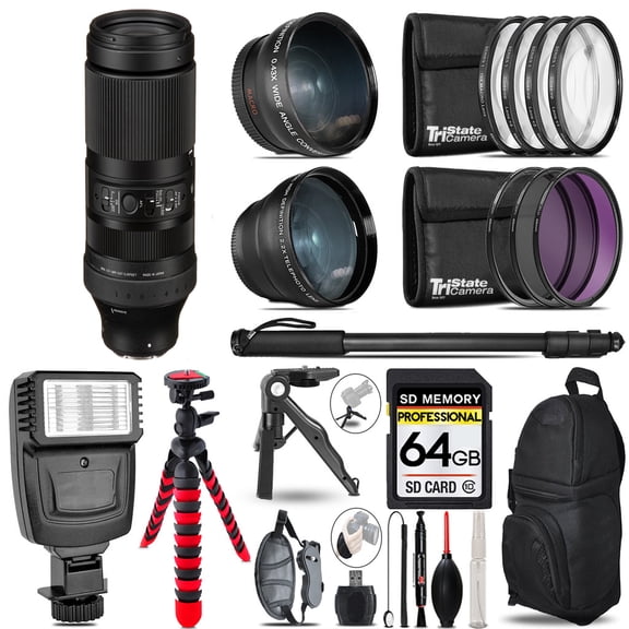 Sigma 100-400mm f/5-6.3 DG DN OS Contemporary Lens for Sony E -3 Lens Kit + Slave Flash + Tripod - 64GB Accessory Bundle