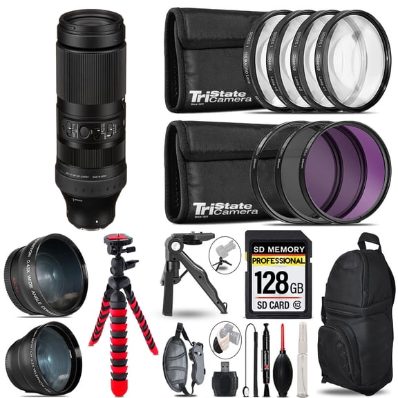 Sigma 100-400mm f/5-6.3 DG DN OS Contemporary Lens for Sony E + 3 Lens Kit + Tripod + Backpack - 128GB Accessory Bundle
