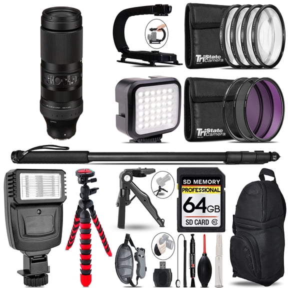 Sigma 100-400mm f/5-6.3 DG DN OS Contemporary Lens for Sony E + Video Kit + Slave Flash + Monopad - 64GB Accessory Bundle
