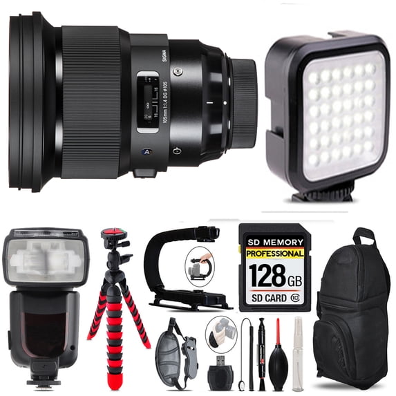 Sigma 105mm f/1.4 DG HSM Art Lens for Sony E+ LED Light - 128GB Accessory Bundle