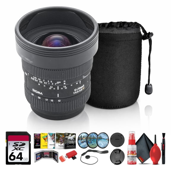 Sigma 12-24mm f/4.5-5.6 EX DG IF HSM Ultra Wide Angle Zoom Lens for Minolta and Sony SLR Cameras, 122° Field of View, Aspherical Design Bundle With Filter Kit and 64GB Memory Card