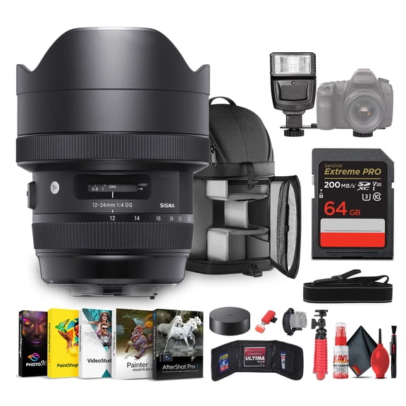 Sigma 12-24mm f/4 DG HSM Art Lens for Canon EF Bundle Includes: Backpack, Flash, Memory Card, Card Wallet, 12 inch tripod, Cleaning Kit, Blower Brush, Lens Pen, Neck Strap + more