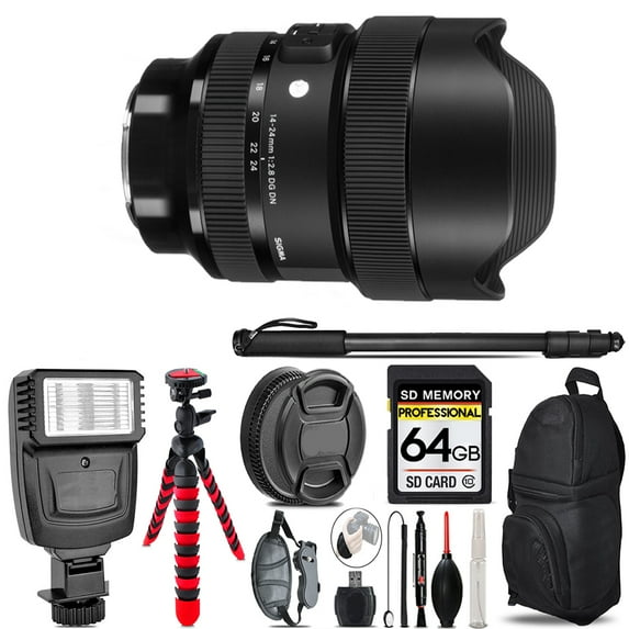 Sigma 14-24mm f/2.8 DG DN Art Lens for Sony E- Video Kit + Flash - 64GB Accessory Bundle