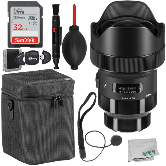 Sigma 14mm f/1.8 DG HSM Art Lens for Sony E with Essential Accessory Bundle: SanDisk Ultra 32GB Memory Card, High Speed Memory Card Reader, Lens Cap Keeper & More
