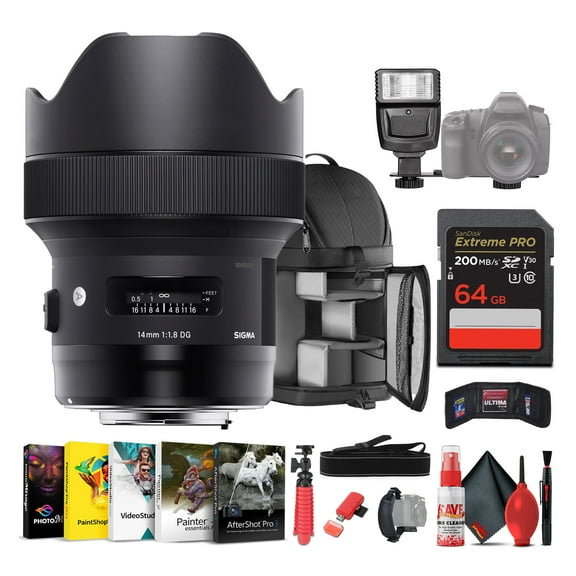 Sigma 14mm f/1.8 DG HSM Art Lens for Sony E Mount Bundle Includes: Backpack, Flash, Memory Card, Card Wallet, 12 inch tripod, Cleaning Kit, Blower Brush, Lens Pen, Neck Strap + more
