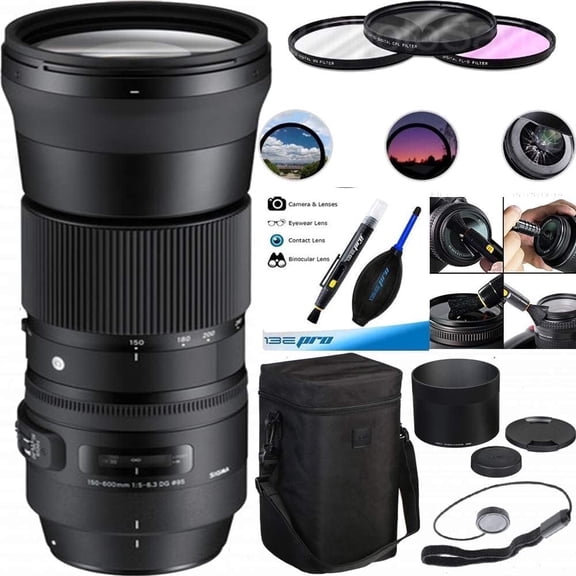 DealExpo Sigma 150-600mm f/5-6.3 DG OS HSM Contemporary Lens for Nikon F Mount DSLR Cameras with 3-Piece Filter Kit Bundle