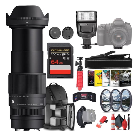 Sigma 16-300mm f/3.5-6.7 DC OS Contemporary Lens (Canon RF) 887972 Bundle Includes: Backpack, Flash, Memory Card, Filter Kit, 12 Inch Tripod, Card Reader, Cleaning Kit, Blower Brush, Lens Pen + More