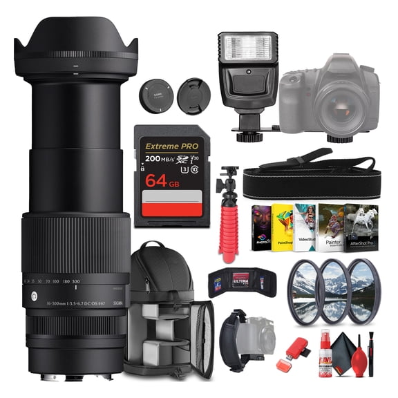 Sigma 16-300mm f/3.5-6.7 DC OS Contemporary Lens (Sony E) 887965 Bundle Includes: Backpack, Flash, Memory Card, Filter Kit, 12 Inch Tripod, Card Reader, Cleaning Kit, Blower Brush, Lens Pen + More