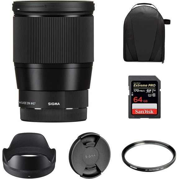 Sigma 16mm f/1.4 DC DN Contemporary Lens for Canon EF-M | Stepping Motor AF System, Super Multi-Layer Coating, Tiffen 67mm UV Protector Filter, 64GB Extreme PRO Memory Card, and Waith Camera Bag