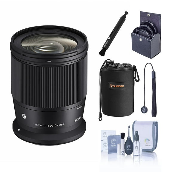 Sigma 16mm f/1.4 DC DN Contemporary Lens for Canon RF, Bundle with 67mm Filter Kit, Neoprene Lens Pouch, Lens Cleaner, Lens Cap Tether and Cleaning Kit