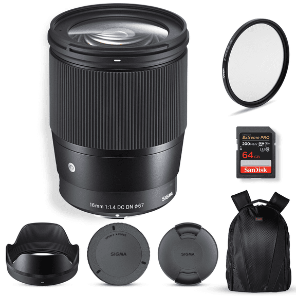 Sigma 16mm f/1.4 DC DN Contemporary Lens for Sony E | APS-C Format, Super Multi-Layer Coating, Weather-Sealed, Tiffen 67mm UV Protector Filter, 64GB Extreme PRO Memory Card, and Waith Camera Bag