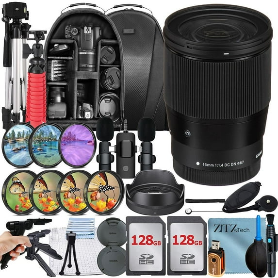 Sigma 16mm f/1.4 DC DN Contemporary Lens for Canon EF-M-Mount Bundle with 2 Pack 128GB Memory Card + Case + Filter Kit + ZeeTech Accessory Bundle