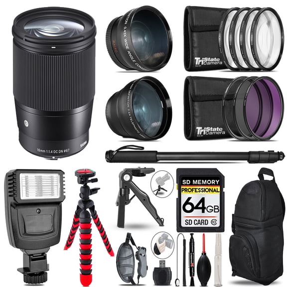 Sigma 16mm f/1.4 DC DN Contemporary Lens for Sony E -3 Lens Kit + Slave Flash + Tripod - 64GB Accessory Bundle