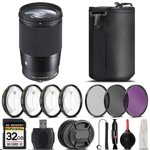 Sigma 16mm f/1.4 DC DN Contemporary Lens for Sony E + 4PC Macro Kit + UV, CPL, FLD Filter - 32GB Kit