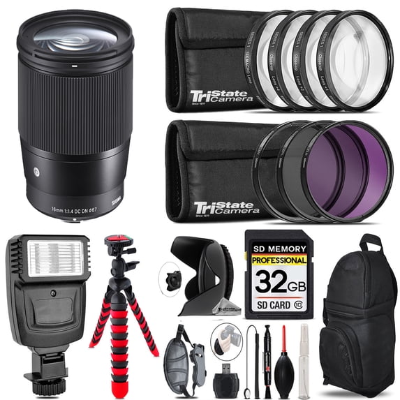 Sigma 16mm f/1.4 DC DN Contemporary Lens for Sony E + Flash + Tripod & More - 32GB Accessory Kit (International Version)