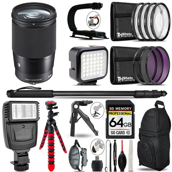 Sigma 16mm f/1.4 DC DN Contemporary Lens for Sony E + Video Kit + Slave Flash + Monopad - 64GB Accessory Bundle (International Version)