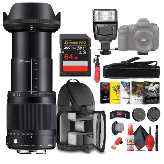 Sigma 18-300mm f/3.5-6.3 DC OS HSM Contemporary for Nikon Bundle Includes: Backpack, Flash, Memory Card, Card Wallet, 12 inch tripod, Cleaning Kit, Blower Brush, Lens Pen, Neck Strap   + more