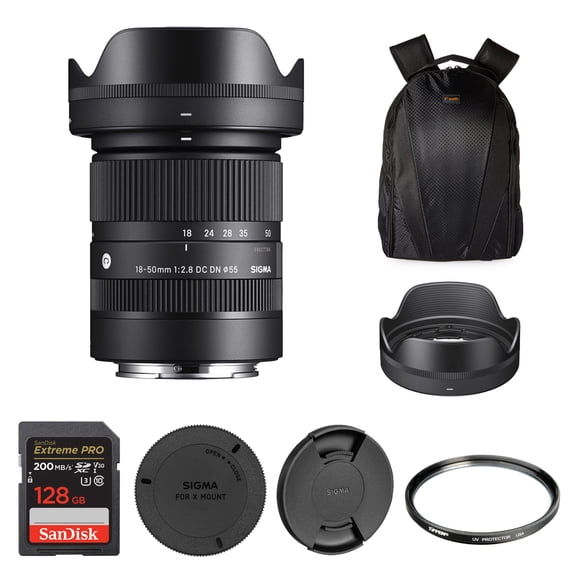 Sigma 18-50mm F2.8 DC DN Contemporary Lens for Fujifilm X Mount| A Large F2.8 Aperture Zoom Lens with Tiffen 55mm UV Protector Filter, SanDisk 128GB Extreme PRO UHS-I SDXC Memory Card, and Waith Camer