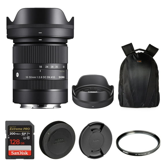 Sigma 18-50mm F2.8 DC DN Contemporary Lens for Sony E| A Large F2.8 Aperture Zoom Lens with Tiffen 55mm UV Protector Filter, SanDisk 128GB Extreme PRO UHS-I SDXC Memory Card, and Waith Camera Backpack