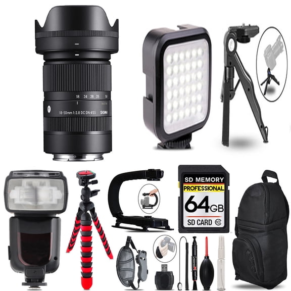 Sigma 18-50mm f/2.8 DC DN Contemporary Lens for Sony E + LED Light + Tripod - 64GB Accessory Bundle