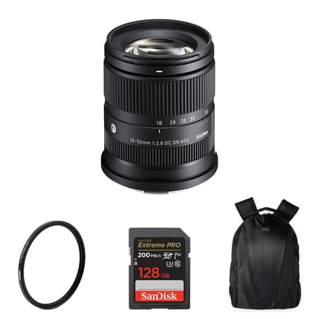 Sigma 18-50mm f2.8 DC DN Contemporary Lens for Canon RF-mount| APS-C, 3 SLD Elements, Rounded 7-Blade with 128GB Extreme PRO SD Card, Tiffen 55mm UV Protector Filter Advanced Bundle Set