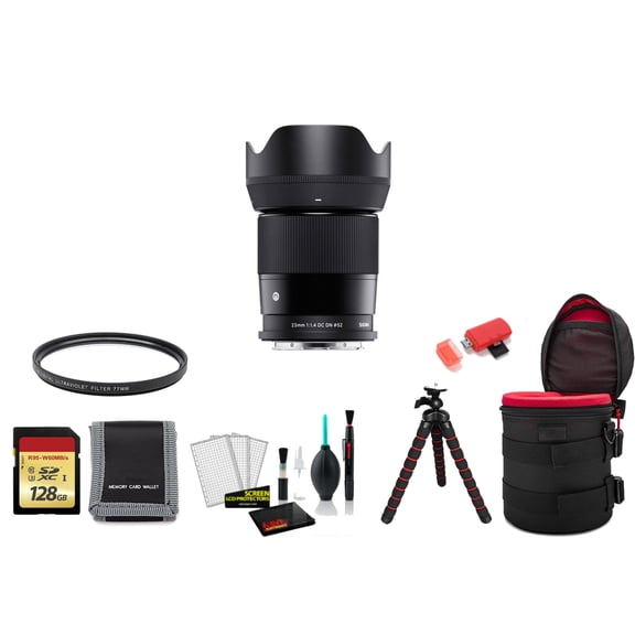 Sigma 23mm F/1.4 DC DN Contemporary Lens (Leica L) 348969 APS-C Format - Bundle with 128GB Memory Card, Tripod, and More