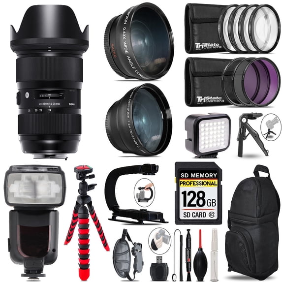 Sigma 24-35mm f/2 DG HSM Art Lens for Nikon F+ LED Light + Tripod - 128GB Accessory Bundle (International Version)