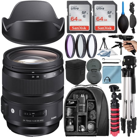 Sigma 24-70mm F/2.8 DG OS HSM Art Lens for Nikon F with 2 Pack 64GB Memory Card + Tripod + Backpack + A-Cell Accessory Bundle (International Version)