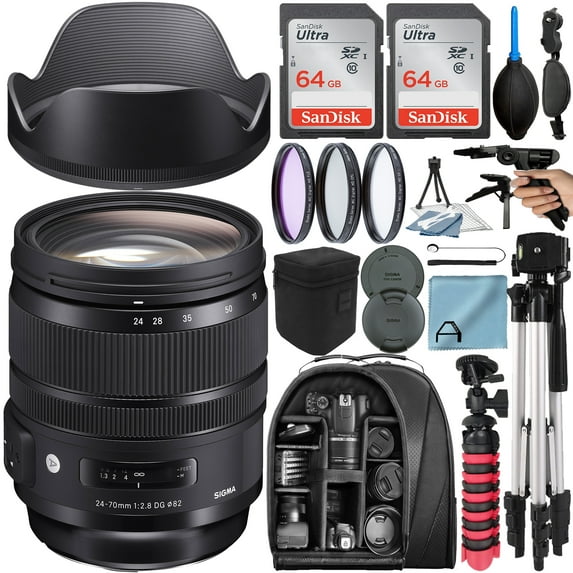 Sigma 24-70mm F/2.8 DG OS HSM Art Lens for Nikon F with 2 Pack 64GB Memory Card + Tripod + Backpack + A-Cell Accessory Bundle (International Version)