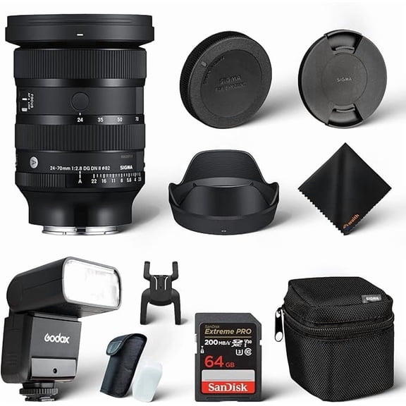 Sigma 24-70mm f/2.8 DG DN II Art Lens for Sony E-Mount Camera Bundle with Flash, 64GB Card & Cloth
