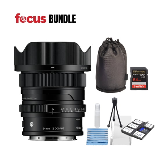 Sigma 24mm F2 DG Black Contemporary Lens for L Mount Bundle with Memory Card and Starter Kit for Cameras