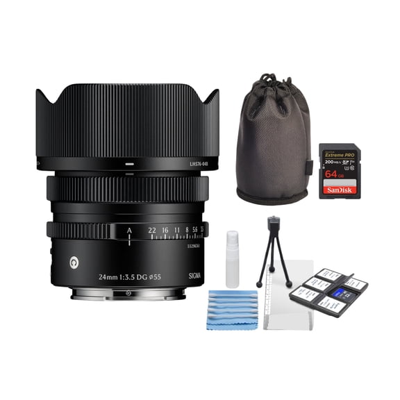 Sigma 24mm F3.5 DG Black Contemporary Lens for L Mount Bundle with Memory Card and Starter Kit for Cameras