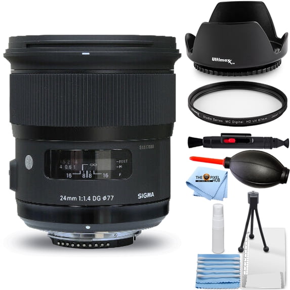 Sigma 24mm f/1.4 DG HSM Art Lens for Nikon F 401-306 - Essential Bundle with Tulip Hood Lens, UV Filter, Cleaning Pen, Blower, Microfiber Cloth and Cleaning Kit