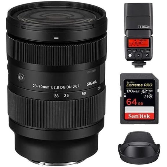 Sigma 28-70mm f/2.8 DG DN Art Lens for Sony E | Full-Frame Format, Three Aspherical Elements, Weather-Sealed, Protective Front Coating, Godox TT350S Flash, 64GB Extreme PRO UHS-I Memory Card