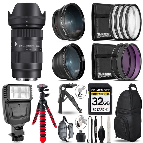 Sigma 28-70mm f/2.8 DG DN Contemporary Lens for Sony E-Mount -3 Lens Kit + Slave Flash + Tripod - 32GB Accessory Bundle