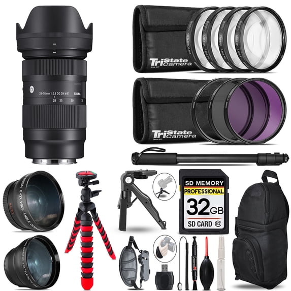 Sigma 28-70mm f/2.8 DG DN Contemporary Lens for Sony E-Mount + 3 Lens Kit + Tripod + Backpack - 32GB Accessory Bundle