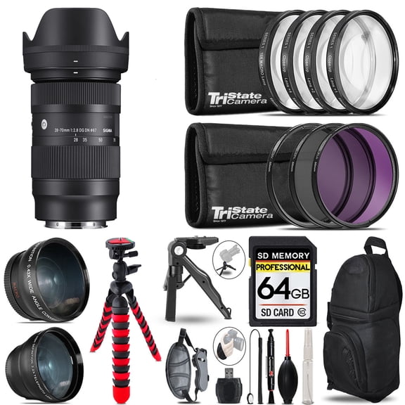 Sigma 28-70mm f/2.8 DG DN Contemporary Lens for Sony E-Mount + 3 Lens Kit + Tripod + Backpack - 64GB Accessory Bundle
