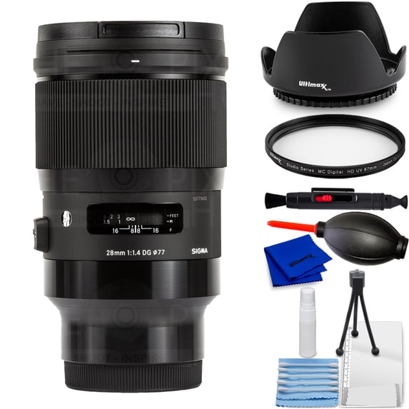 Sigma 28mm f/1.4 DG HSM Art Lens for Sony E 441965 Starter Bundle with Tulip Hood Lens, UV Filter, Cleaning Pen, Blower, Microfiber Cloth and Cleaning Kit