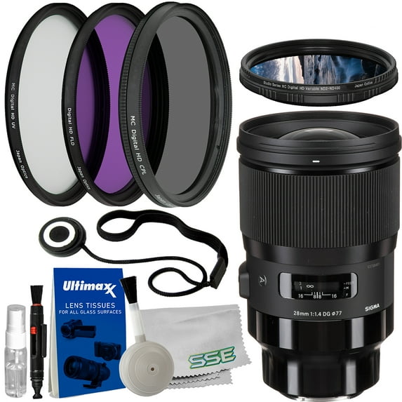 Sigma 28mm f/1.4 DG HSM Art Lens for Sony E with Starter Accessory Bundle; Includes: 3PC UV Filter Kit (UV, CPL, FLD), Variable Neutral Density Filter & More