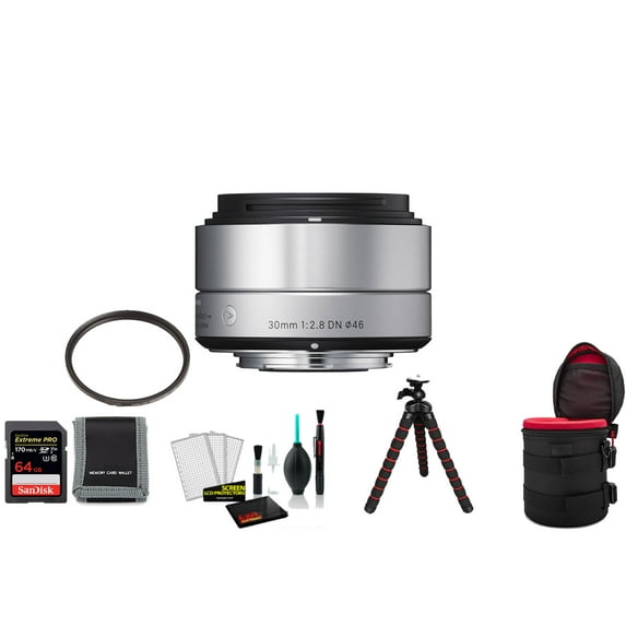 Sigma 30mm F/2.8 DN Art Lens for Micro Four Thirds (Silver)(33S963) Bundle with with 64GB Memory Card + UV Filter + Tripod and More
