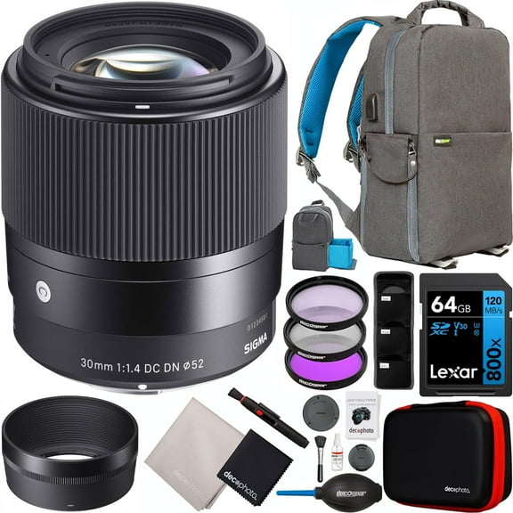 Sigma 30mm F1.4 DC DN Contemporary Lens for Sony E-Mount Mirrorless Cameras 302965 Bundle with Deco Gear Photography Backpack + UV Polarizer FLD Filter Kit and Accessories