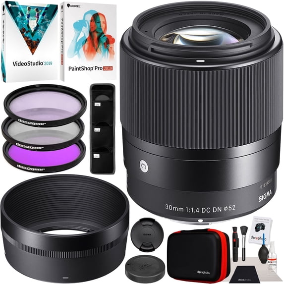 Sigma 30mm F1.4 DC DN Contemporary Lens for Sony E-Mount Mirrorless Cameras 302965 Bundle w/ Deco Gear Photography Accessory Kit + 52mm UV Polarizer FLD Filter Set + Photo Video Editing Software