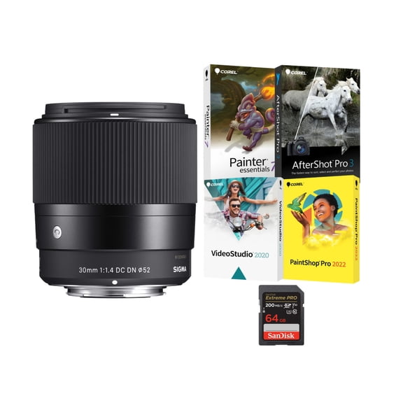 Sigma 30mm f/1.4 Contemporary DC DN Prime Lens (Canon EF-M Mount) Bundle with Software and 64GB Memory Card (3 items)