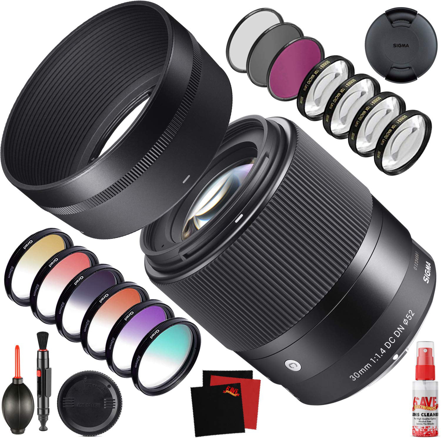  Sigma 30mm F1.4 DC DN Contemporary Lens for Sony E-Mount  Mirrorless Cameras 302965 Bundle w/Deco Gear Photography Accessory Kit +  52mm UV Polarizer FLD Filter Set + Photo Video Editing